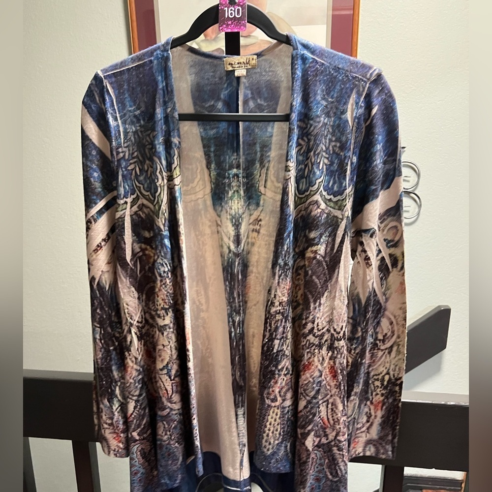 ONE WORLD Blue & Beige White Open Cardigan #160